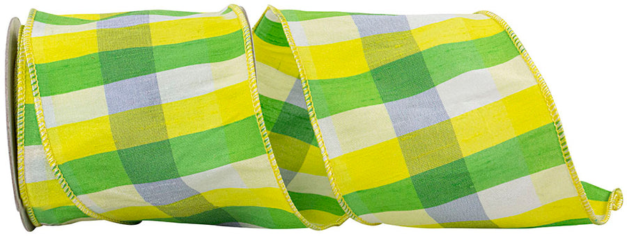 Citrus Plaid Dupioni Ribbon Lime Yellow 4 Inch for Wreaths