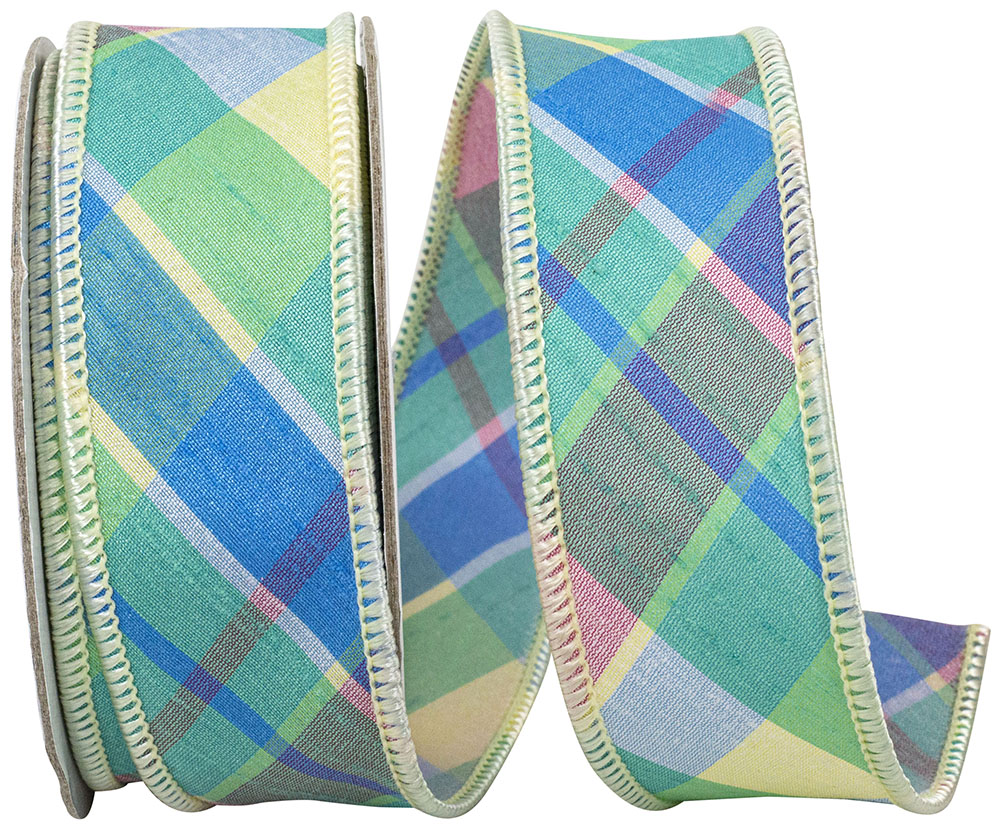 Celadon Pastel Plaid 1-1/2 Inch Wired Edge Ribbon