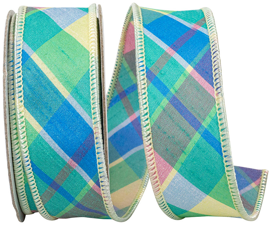 Celadon Pastel Plaid 1-1/2 Inch Wired Edge Ribbon