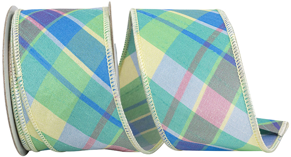 Celadon Pastel Plaid 2-1/2 Inch Wired Edge Ribbon