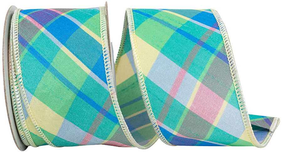 Celadon Pastel Plaid 2-1/2 Inch Wired Edge Ribbon