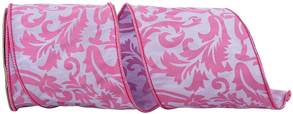 Lavender 4 Inch Scroll Leaf Print Dupioni Wired Edge Ribbon for Wreaths & Bows