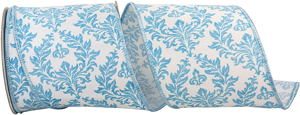 White Blue 4 Inch Filigree Regal Crest Deluxe Wired Edge Ribbon for Wreaths & Bows