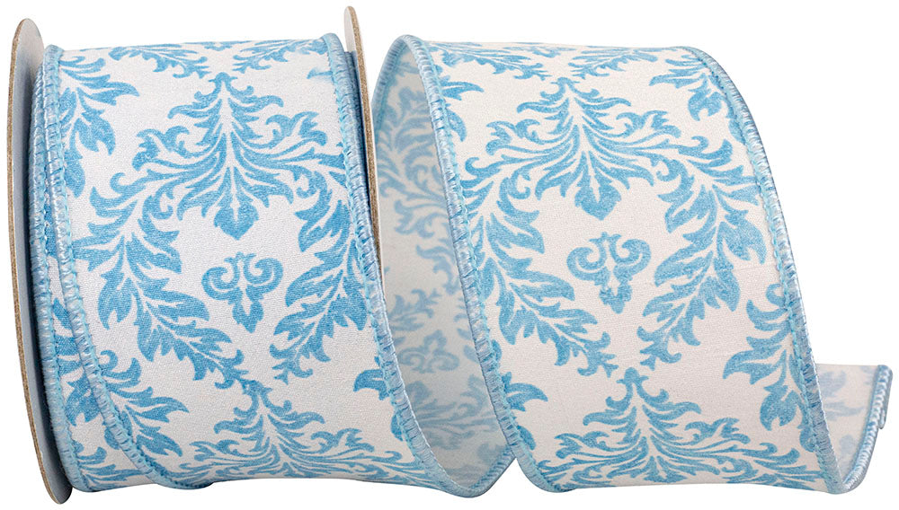 White Blue 2-1 2 Inch Filigree Regal Crest Deluxe Wired Edge Ribbon for Wreaths & Bows