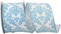 White Blue 2-1 2 Inch Filigree Regal Crest Deluxe Wired Edge Ribbon for Wreaths & Bows