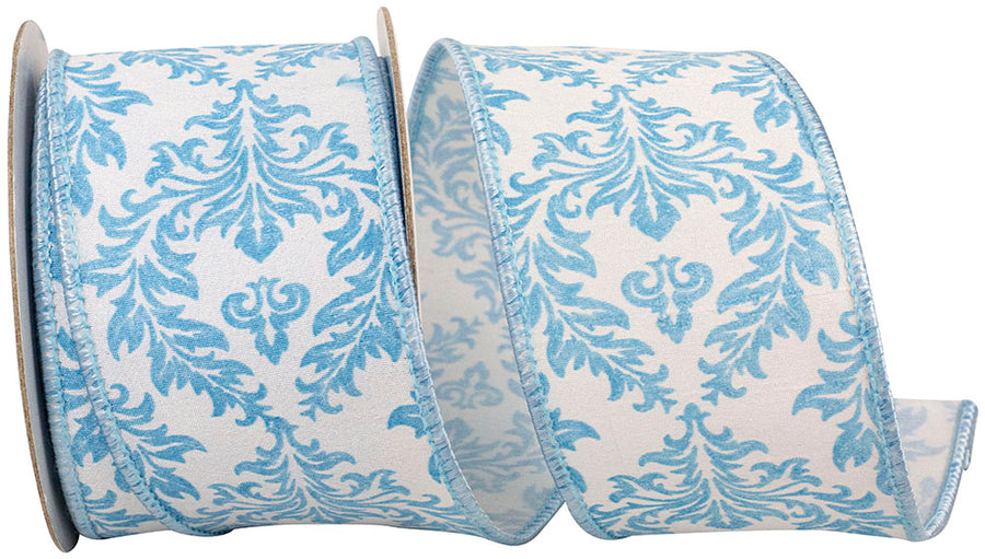 White Blue 2-1 2 Inch Filigree Regal Crest Deluxe Wired Edge Ribbon for Wreaths & Bows