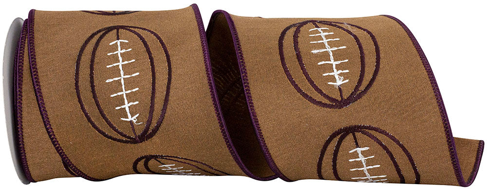 Brown 4 Inch Football Outlines Deluxe Dupioni Wired Edge Ribbon for Wreaths & Bows