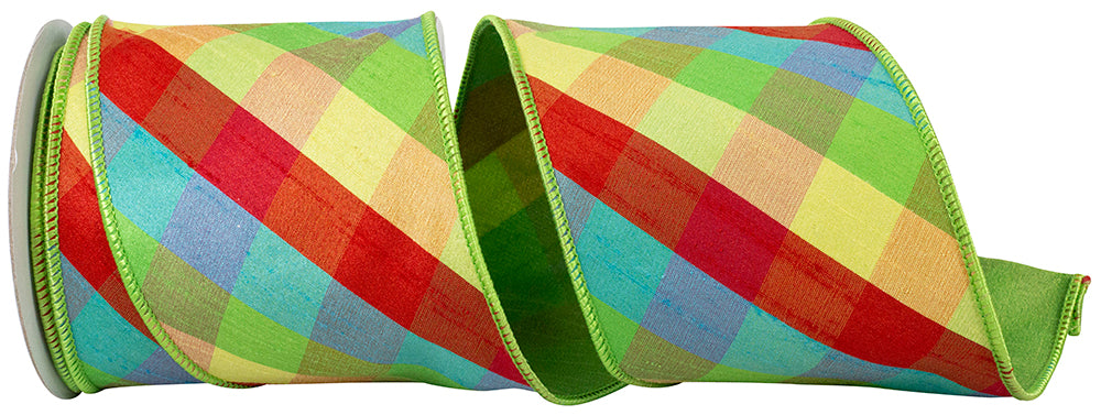Multi Plaid Diagonal Wired Edge Ribbon 4 Inch Polyester