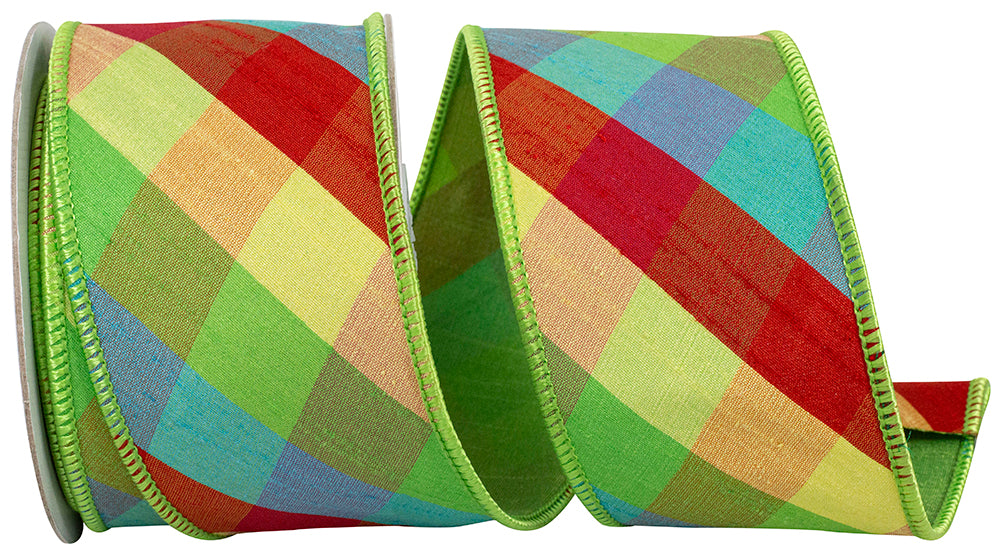 Plaid Diagonal Wired Edge Ribbon 2-1/2 Inch Multi Polyester