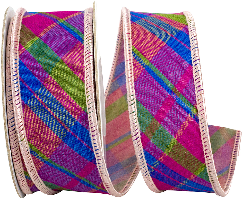 Magenta Plaid Diagonal Dupioni Wired Edge Ribbon 1-1/2 Inch