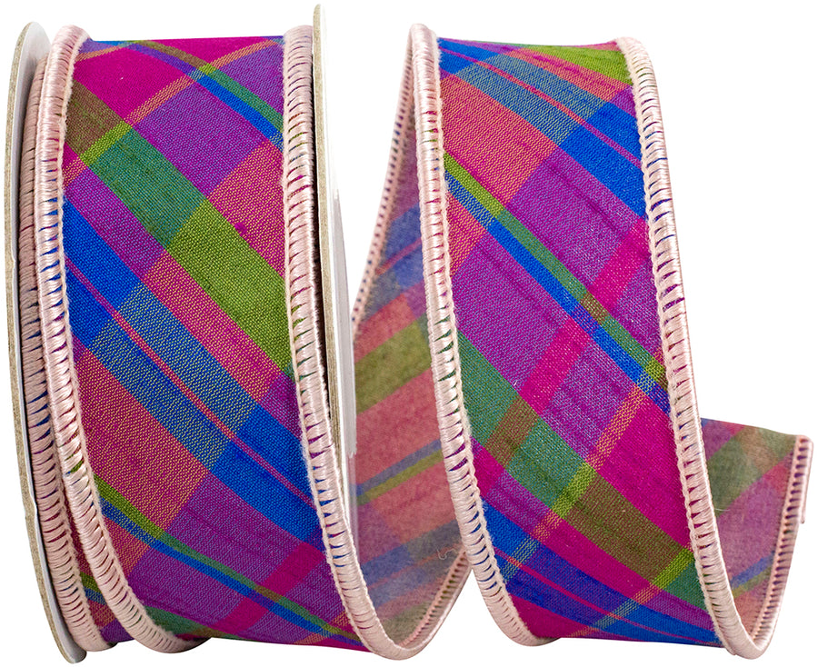 Magenta Plaid Diagonal Dupioni Wired Edge Ribbon 1-1/2 Inch