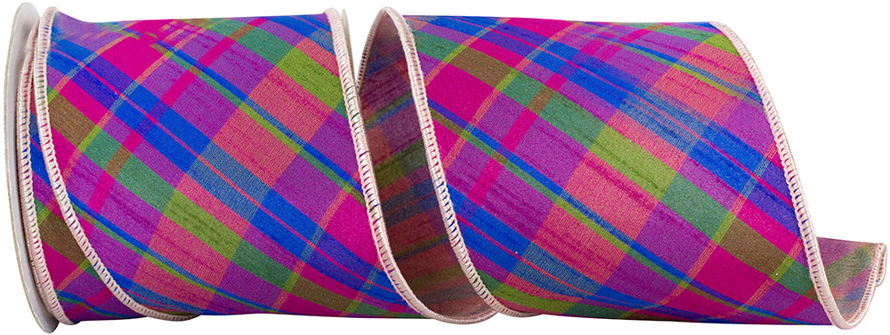 Magenta Plaid Diagonal Dupioni Wired Edge Ribbon 4 Inch