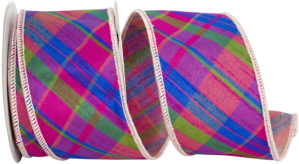 Magenta Plaid Diagonal Dupioni Wired Edge Ribbon 2-1/2 Inch