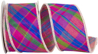 Magenta Plaid Diagonal Dupioni Wired Edge Ribbon 2-1/2 Inch