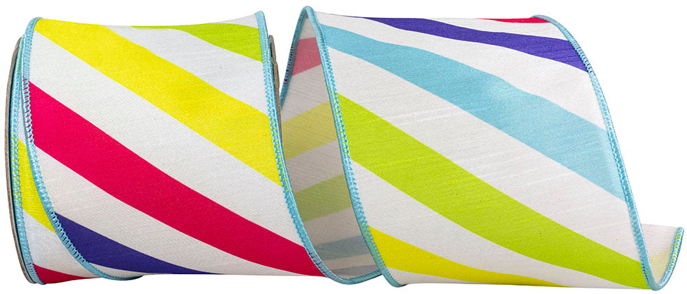 Multi 4 Inch Rainbow Diagonal Jumbo Stripe Deluxe Dupioni Wired Edge Ribbon for Wreaths & Bows