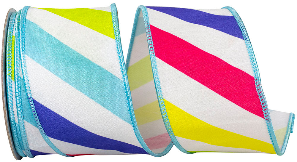 Multi 2-1 2 Inch Rainbow Diagonal Jumbo Stripe Deluxe Dupioni Wired Edge Ribbon for Wreaths & Bows