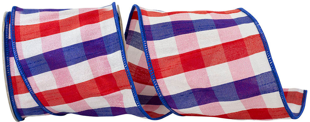 Patriotic Dupioni Plaid Wired Edge Ribbon Red White Blue 4 Inch