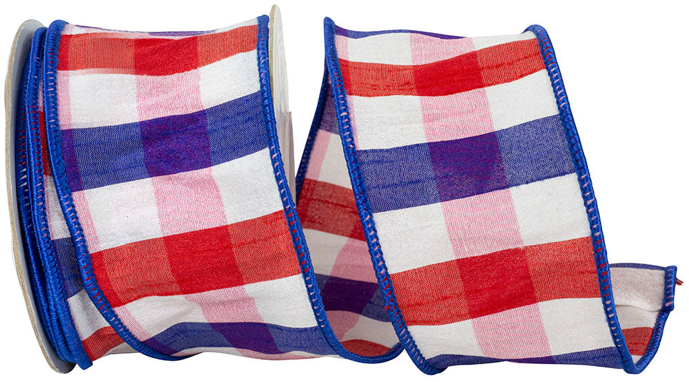 Patriotic Dupioni Plaid Wired Edge Ribbon Red White Blue 2-1/2 Inch