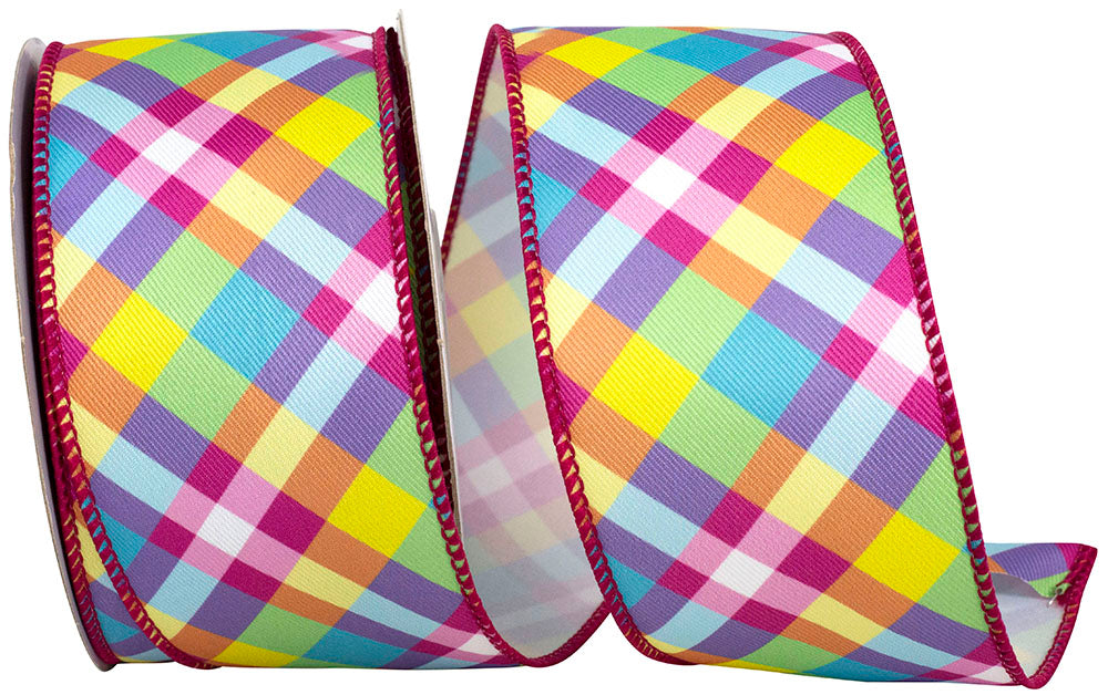 Multi Pastel Plaid Diagonal Print Wired Edge Ribbon 2.5 Inch