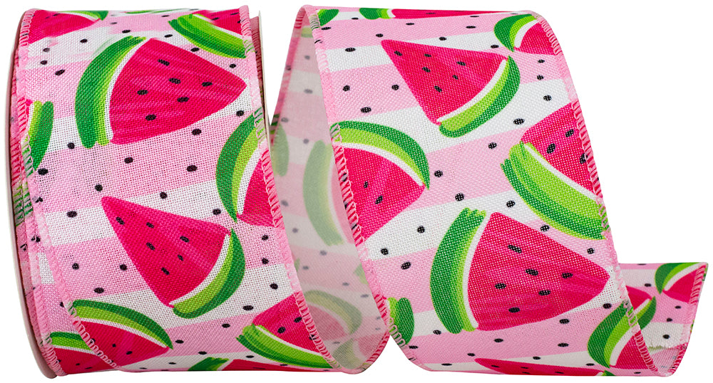 Watermelon 2-1 2 Inch Watermelon Slices Linen Wired Edge Ribbon for Wreaths & Bows