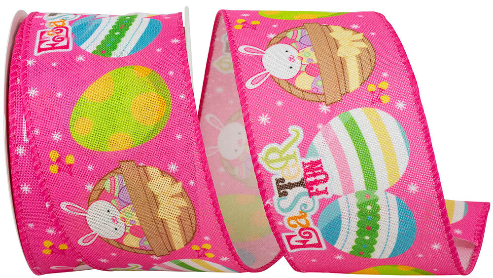 Pink 2-1 2 Inch Easter Fun Eggs Linen Wired Edge Ribbon for Wreaths & Bows