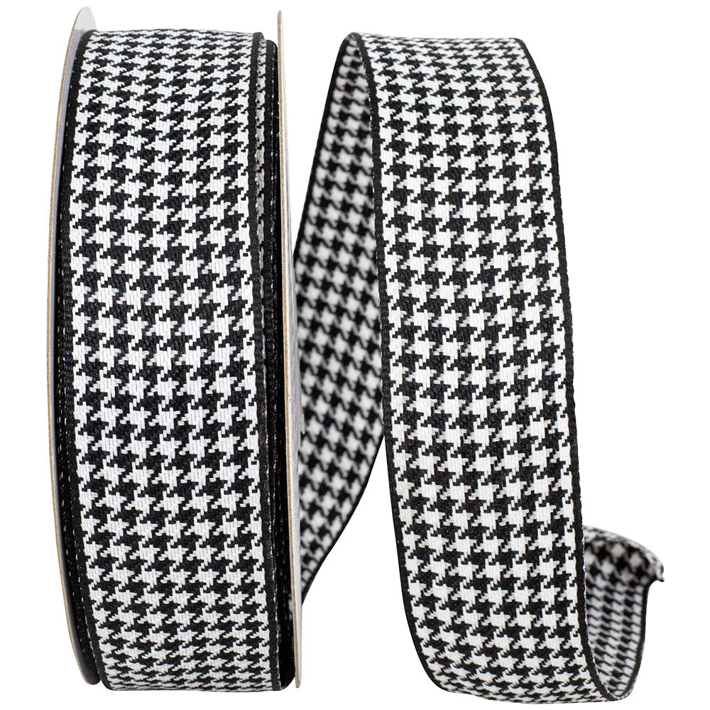 Black White 1-1 2 Inch Houndstooth Texture Woven Wired Edge Ribbon for Wreaths & Bows