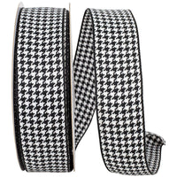 Black White 1-1 2 Inch Houndstooth Texture Woven Wired Edge Ribbon for Wreaths & Bows