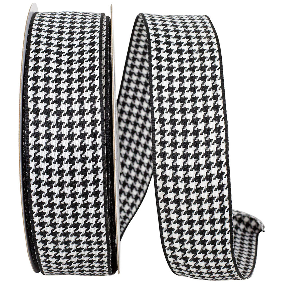 Black White 1-1 2 Inch Houndstooth Texture Woven Wired Edge Ribbon for Wreaths & Bows