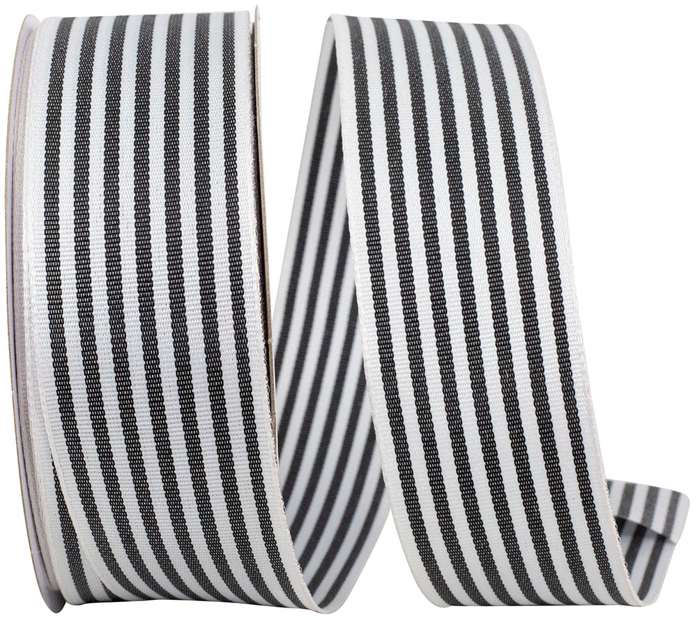 White Black 1-1 2 Inch Salt & Pepper Stripe Woven Wired Edge Ribbon for Wreaths & Bows
