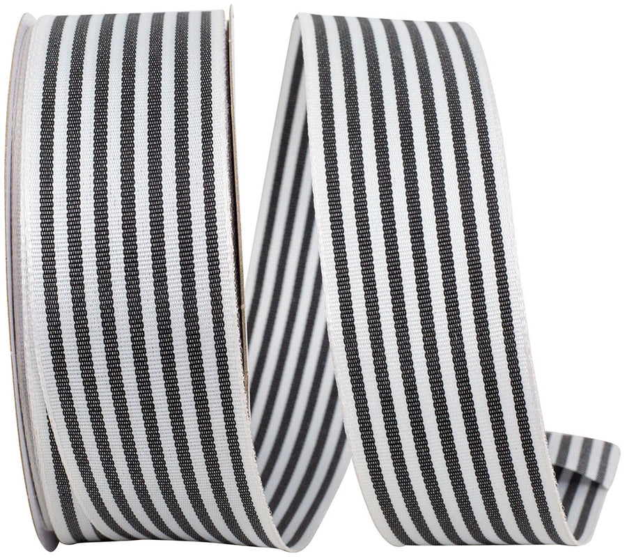 White Black 1-1 2 Inch Salt & Pepper Stripe Woven Wired Edge Ribbon for Wreaths & Bows