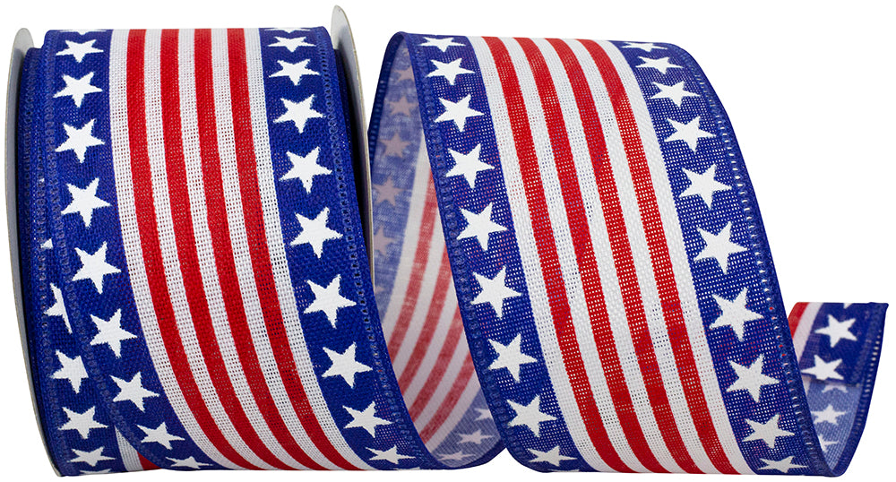 Red White Blue 2-1 2 Inch Stars And Stripes Continue Linen Wired Edge Ribbon for Wreaths & Bows
