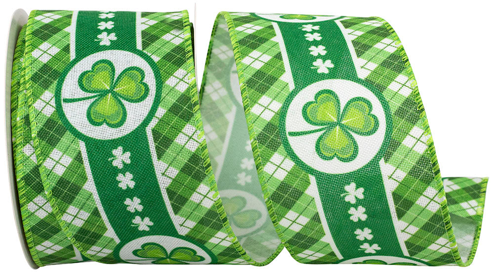 Shamrock Clover Plaid Wired Edge Ribbon Green 2-1/2 Inch