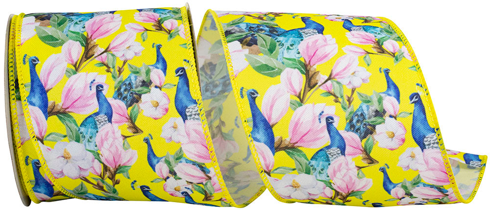 Yellow 4 Inch Peacock Floral Print Wired Edge Ribbon for Wreaths & Bows