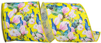 Yellow 4 Inch Peacock Floral Print Wired Edge Ribbon for Wreaths & Bows