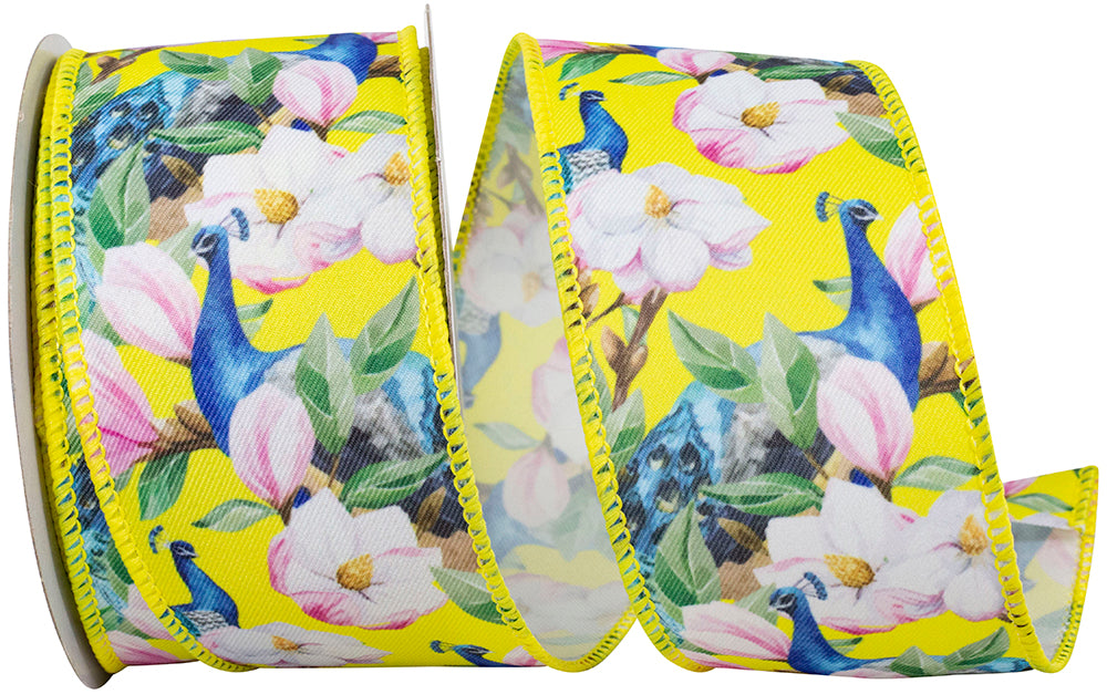 Yellow 2-1 2 Inch Peacock Floral Print Wired Edge Ribbon for Wreaths & Bows