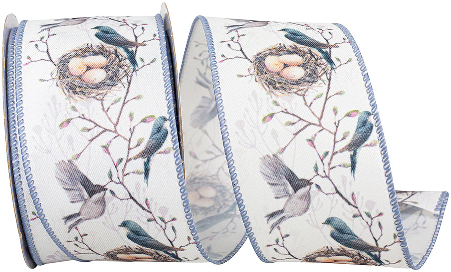 Slate 2-1 2 Inch Birds And Eggs Wired Edge Ribbon for Wreaths & Bows