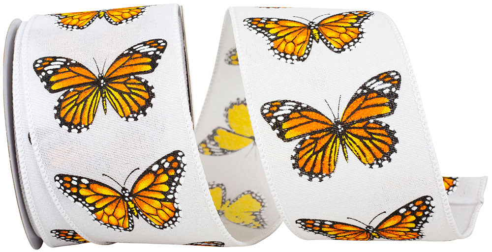 White 2-1 2 Inch Butterfly Monarch Print Wired Edge Ribbon for Wreaths & Bows
