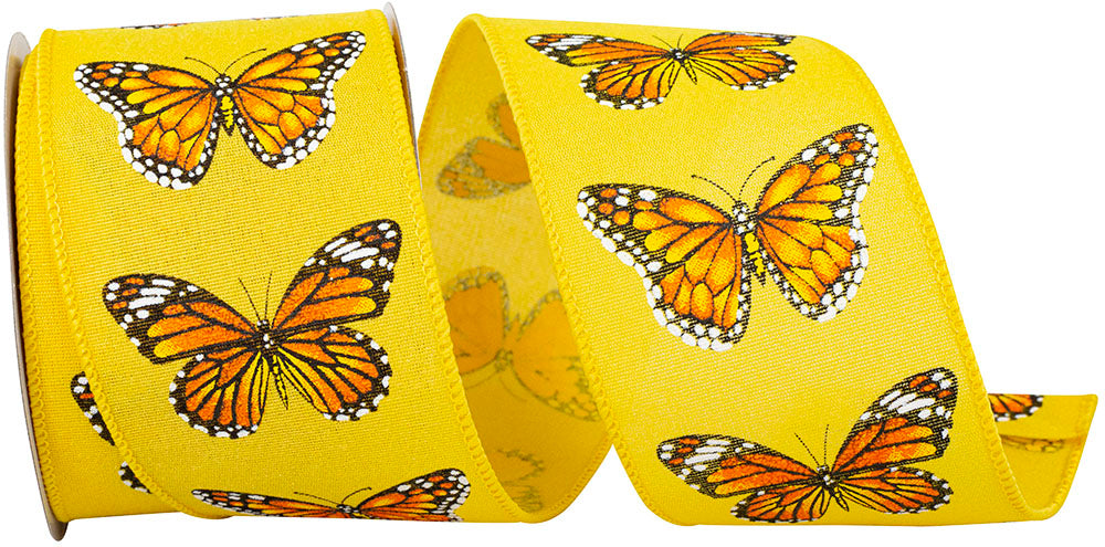 Yellow 2-1 2 Inch Butterfly Monarch Print Wired Edge Ribbon for Wreaths & Bows