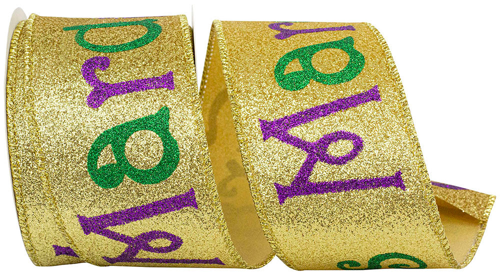 Mardi Gras Message Glitter Print Wired Edge Ribbon Gold 2-1/2 Inch