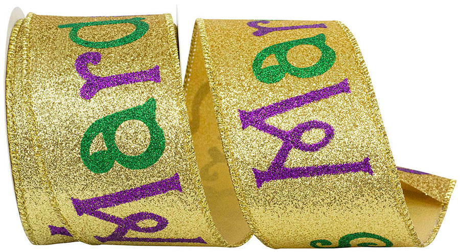 Mardi Gras Message Glitter Print Wired Edge Ribbon Gold 2-1/2 Inch