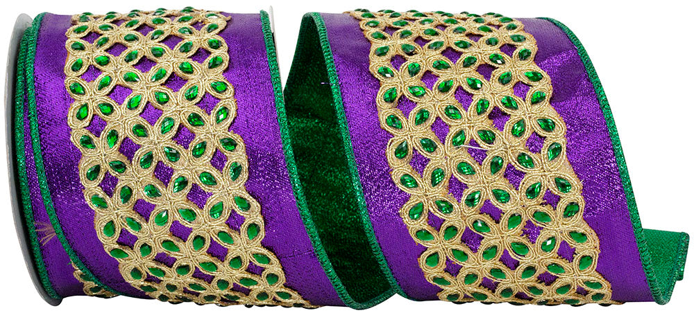 Mardi Gras Purple Green 4 Inch Metallic Wired Edge Ribbon