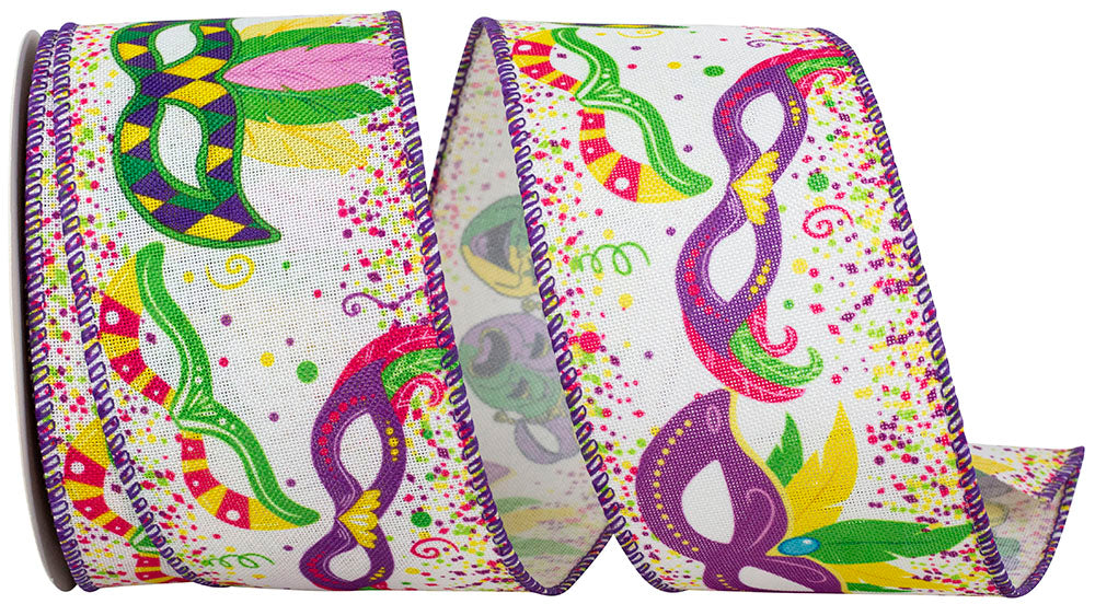 Purple 2-1 2 Inch Mardi Gras Masks Linen Wired Edge Ribbon for Wreaths & Bows