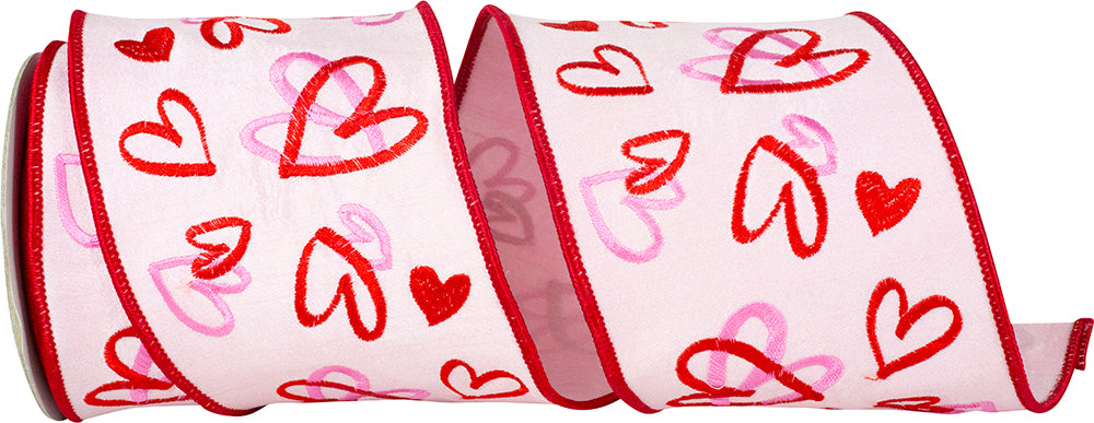 Pink 4 Inch Hearts Tangle Embroidered Dupioni Deluxe Wired Edge Ribbon for Wreaths & Bows