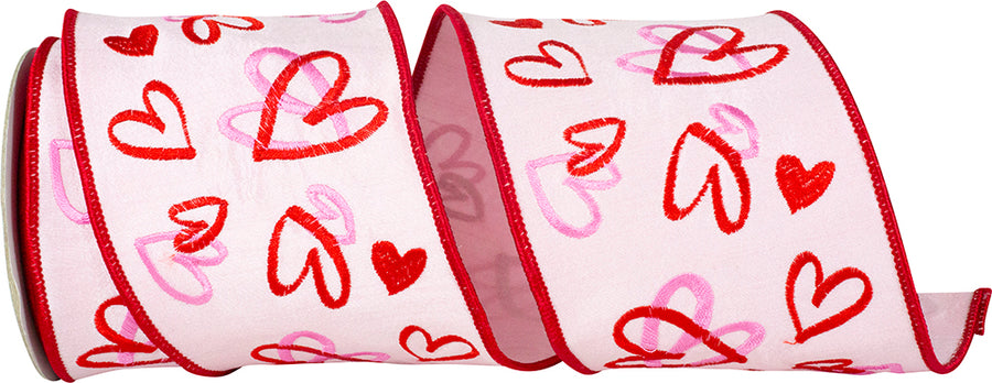 Pink 4 Inch Hearts Tangle Embroidered Dupioni Deluxe Wired Edge Ribbon for Wreaths & Bows