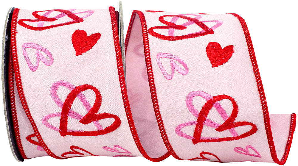 Pink 2-1 2 Inch Hearts Tangle Embroidered Dupioni Deluxe Wired Edge Ribbon for Wreaths & Bows