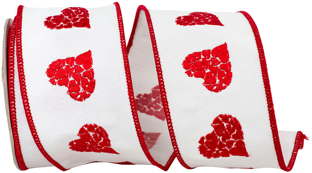 White Red 2-1 2 Inch Hearts Mosaic Embroidery Dupioni Deluxe Wired Edge Ribbon for Wreaths & Bows