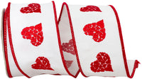 White Red 2-1 2 Inch Hearts Mosaic Embroidery Dupioni Deluxe Wired Edge Ribbon for Wreaths & Bows