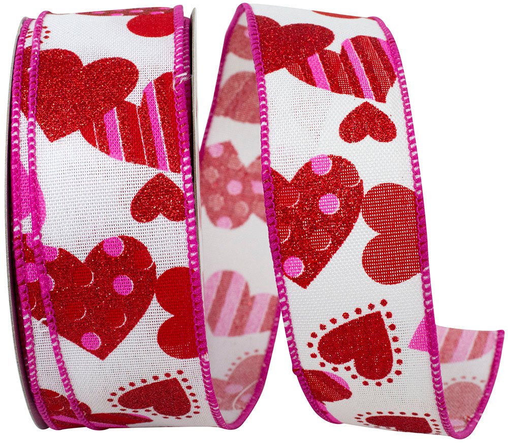 White Red 1-1 2 Inch Hearts Tossed Colors Print Linen Wired Edge Ribbon for Wreaths & Bows