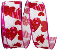 White Red 1-1 2 Inch Hearts Tossed Colors Print Linen Wired Edge Ribbon for Wreaths & Bows