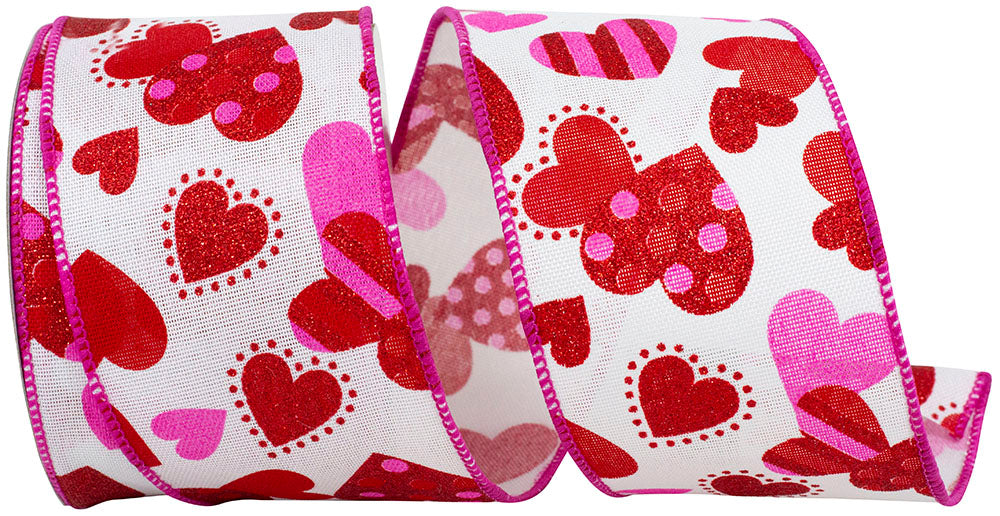 White Red 2-1 2 Inch Hearts Tossed Colors Print Linen Wired Edge Ribbon for Wreaths & Bows